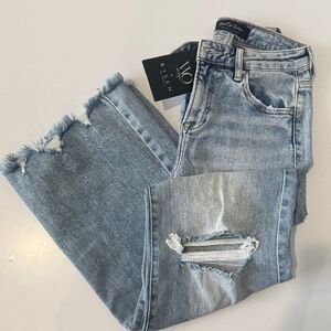Risen Light Blue Distressed Wide Leg Jeans with Frayed Hem